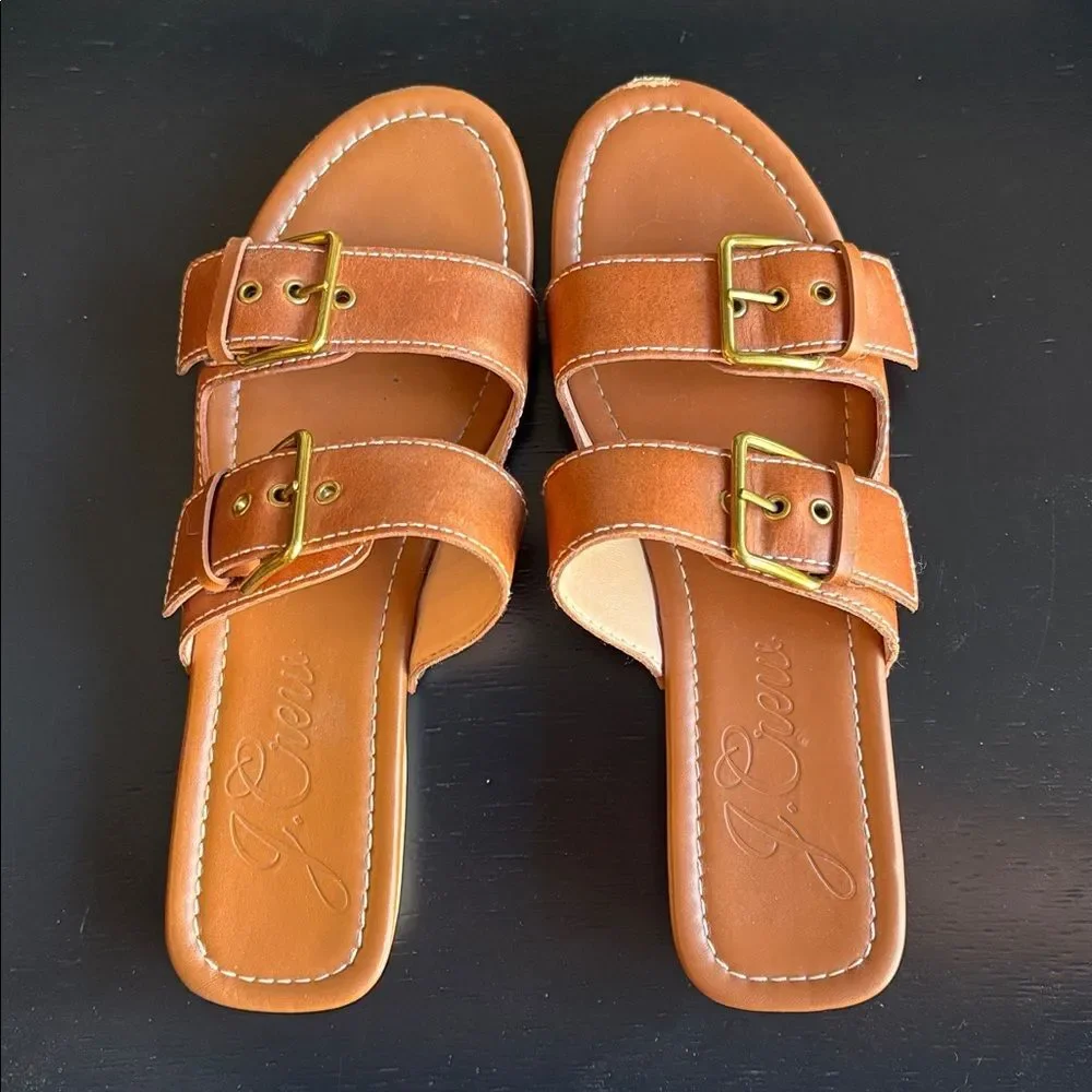 J. Crew platform buckle leather Stylish Tan brown Women clog Sandals sz 7.5 GUC!